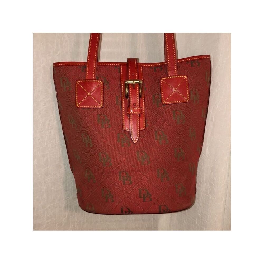 Dooney & Bourke Red Canvas Leather Combo DB Logo Bucket Shoulder Bag Purse